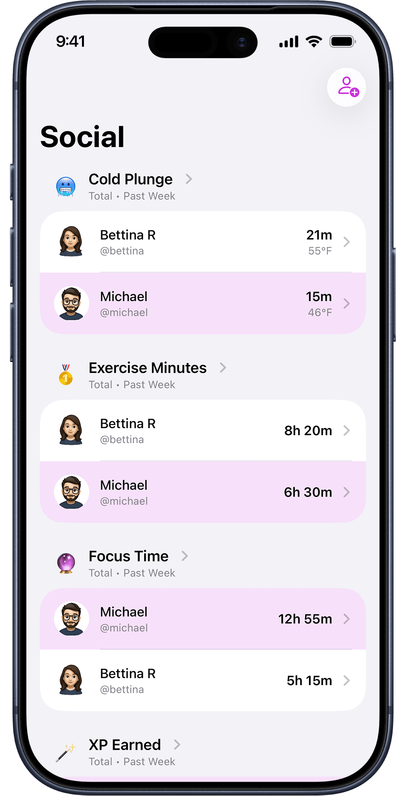 Wizify social tab showing leaderboards and habit comparisons