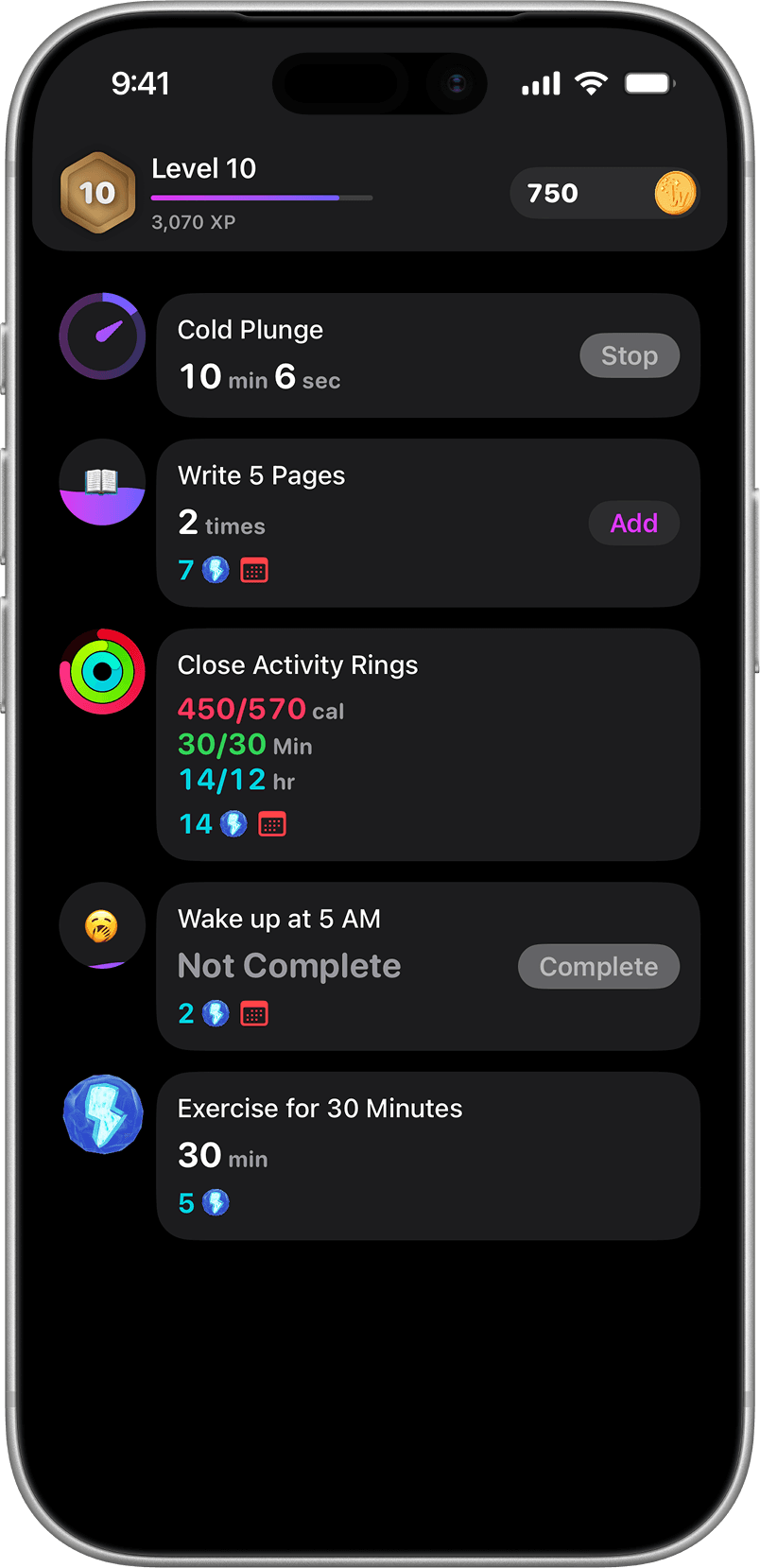 Wizify today view showing daily habit list with progress tracking